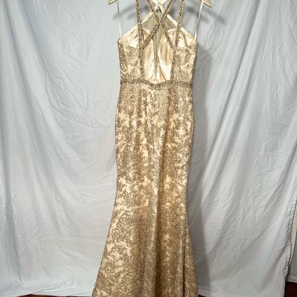 Exquisite Gold embroidered lace gown with dazzling beaded neckline and waistband - Picture 12 of 17